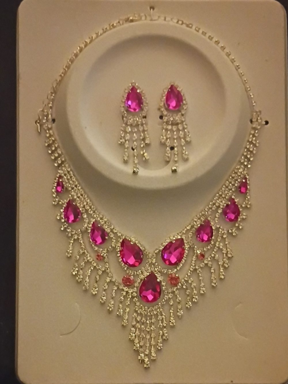 Gold-Tone Pink Teardrop Crystal Necklace & Earrings Set